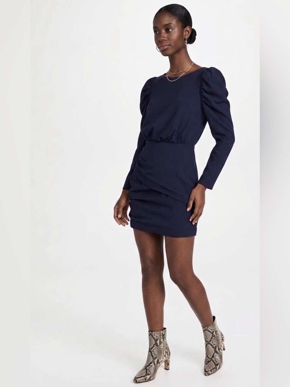 La Vie Rebecca Taylor NWT $295 French Terry Ruched Puff Sleeve Mini Dress Navy S